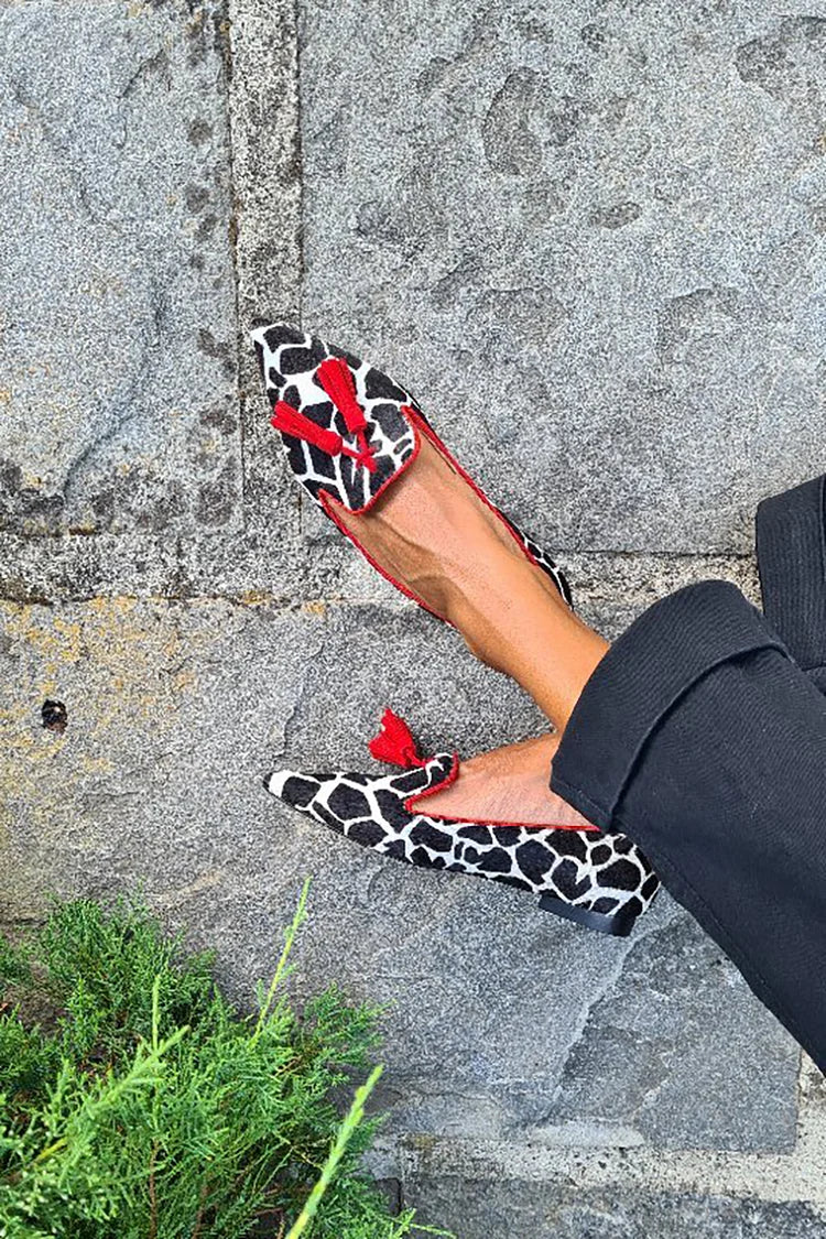ANIMAL PRINT LOAFERS WITH RED FRINGES