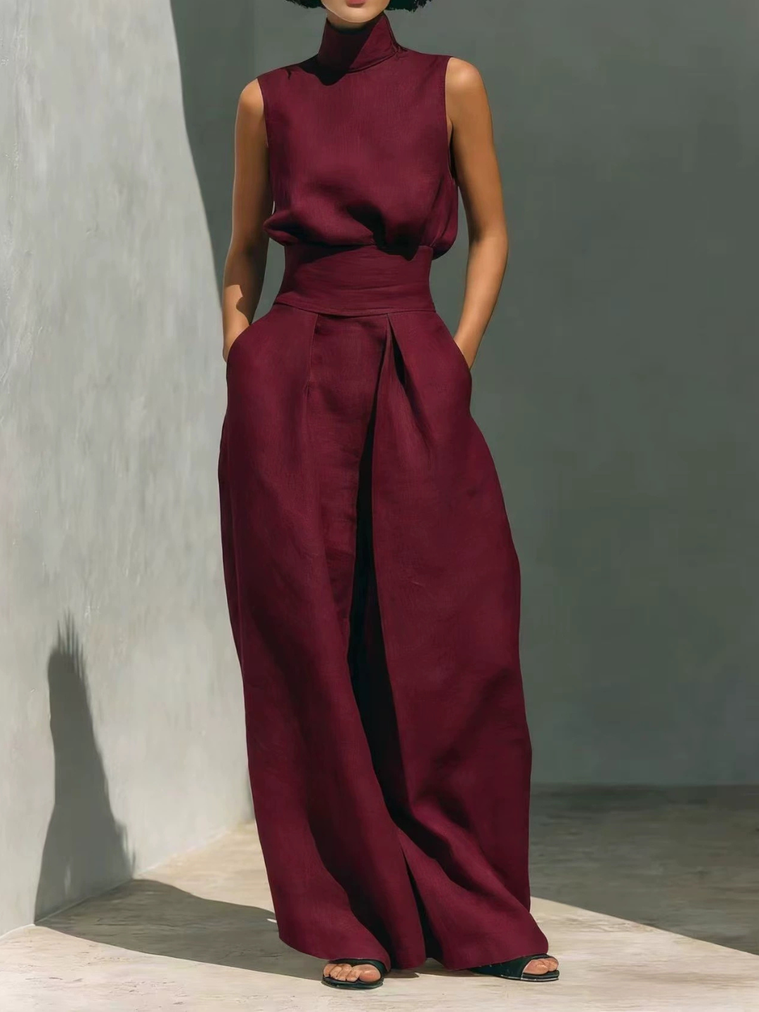 Aurora | Relaxed Beige Sleeveless Wide-Leg Co-Ord Set