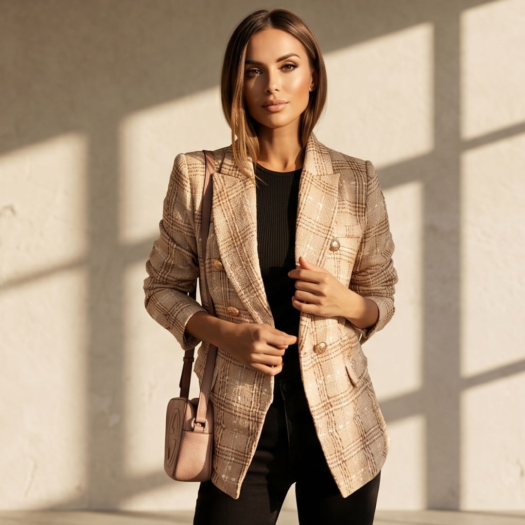 Avery™ - Modern Plaid Print Double Breasted Spring Blazer