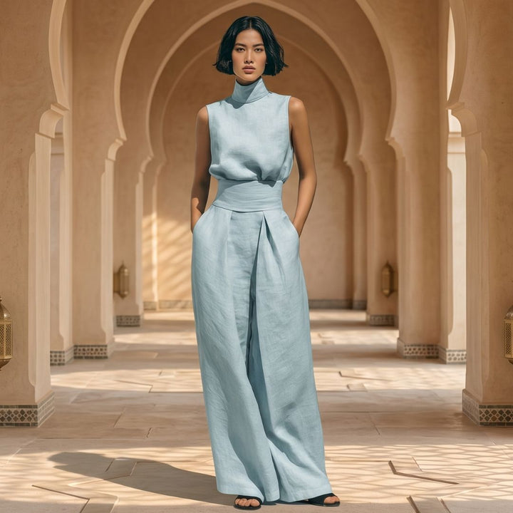 Aurora | Relaxed Beige Sleeveless Wide-Leg Co-Ord Set