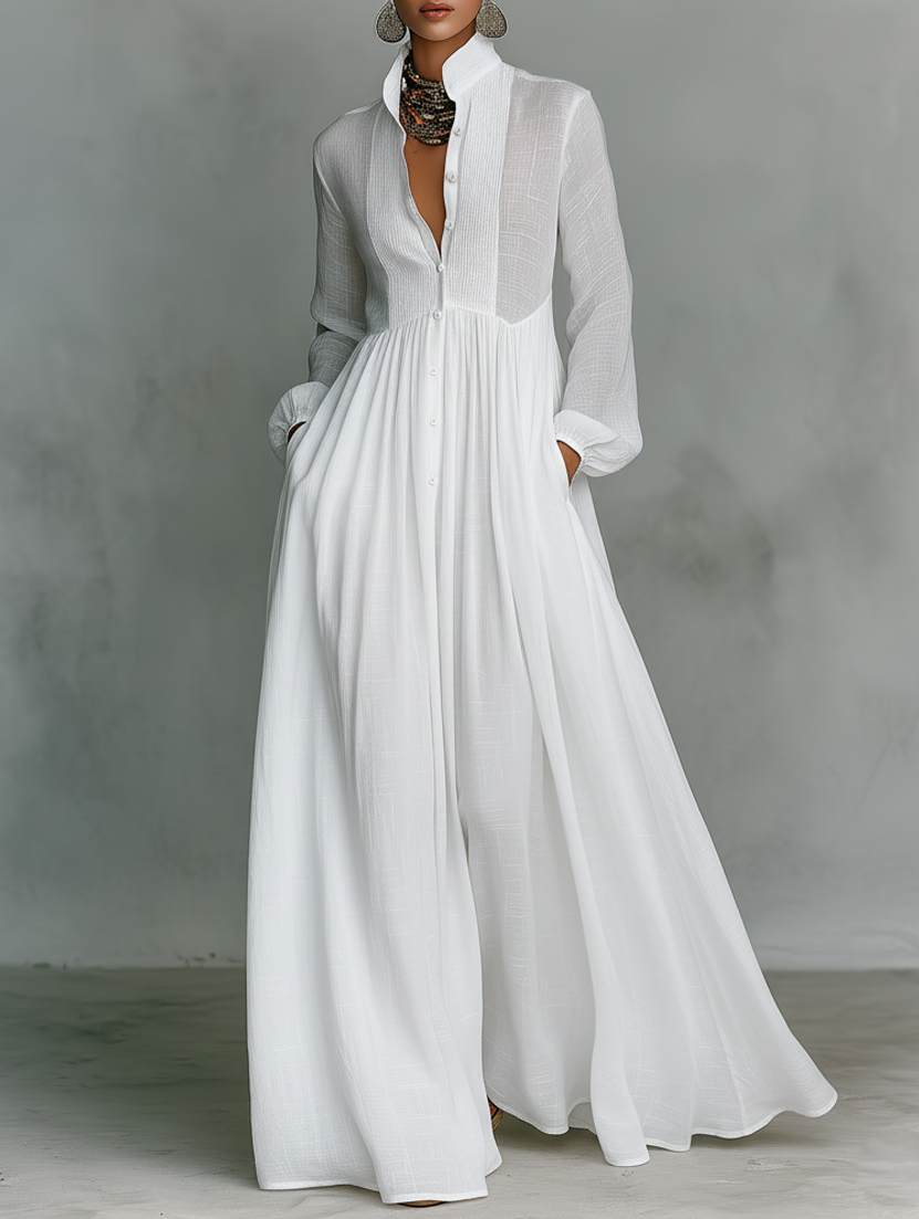 Veronica | Maxi Minimalist in Cotton and Linen with Patchwork, High Collar and Long Sleeves