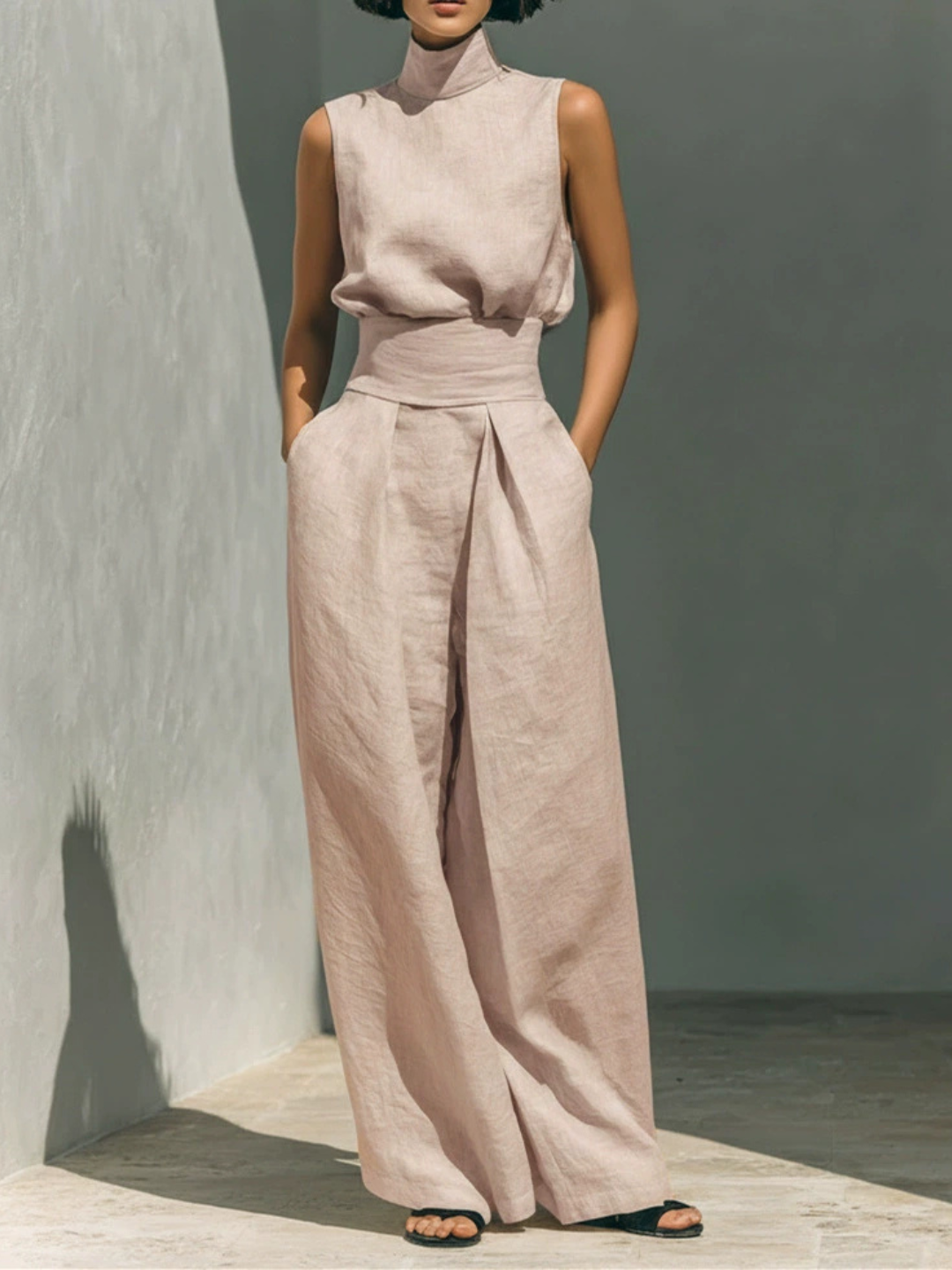 Aurora | Relaxed Beige Sleeveless Wide-Leg Co-Ord Set