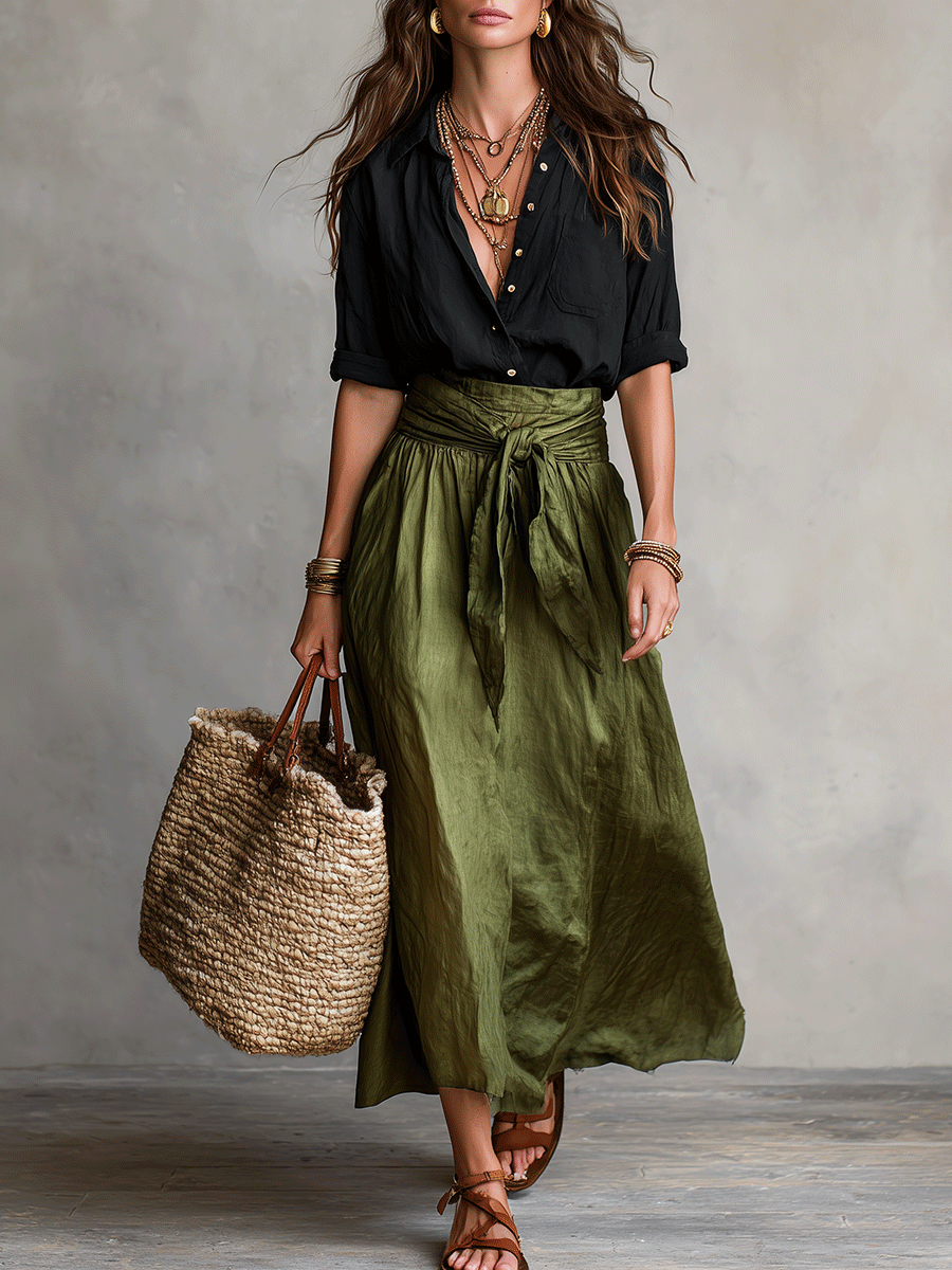Soelie - Elegant Boho Blouse and Satin Skirt Set