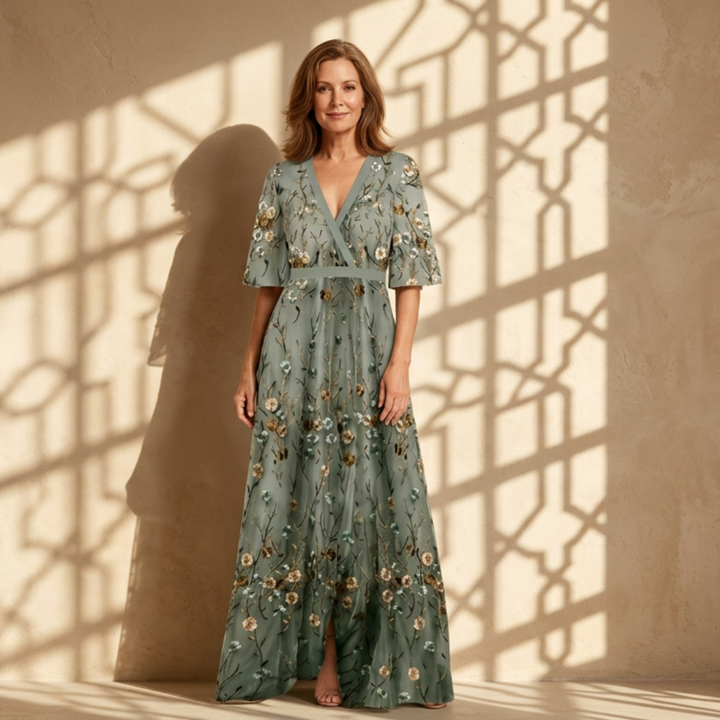 Luna | Floral V Neck Short Sleeve Maxi Dress