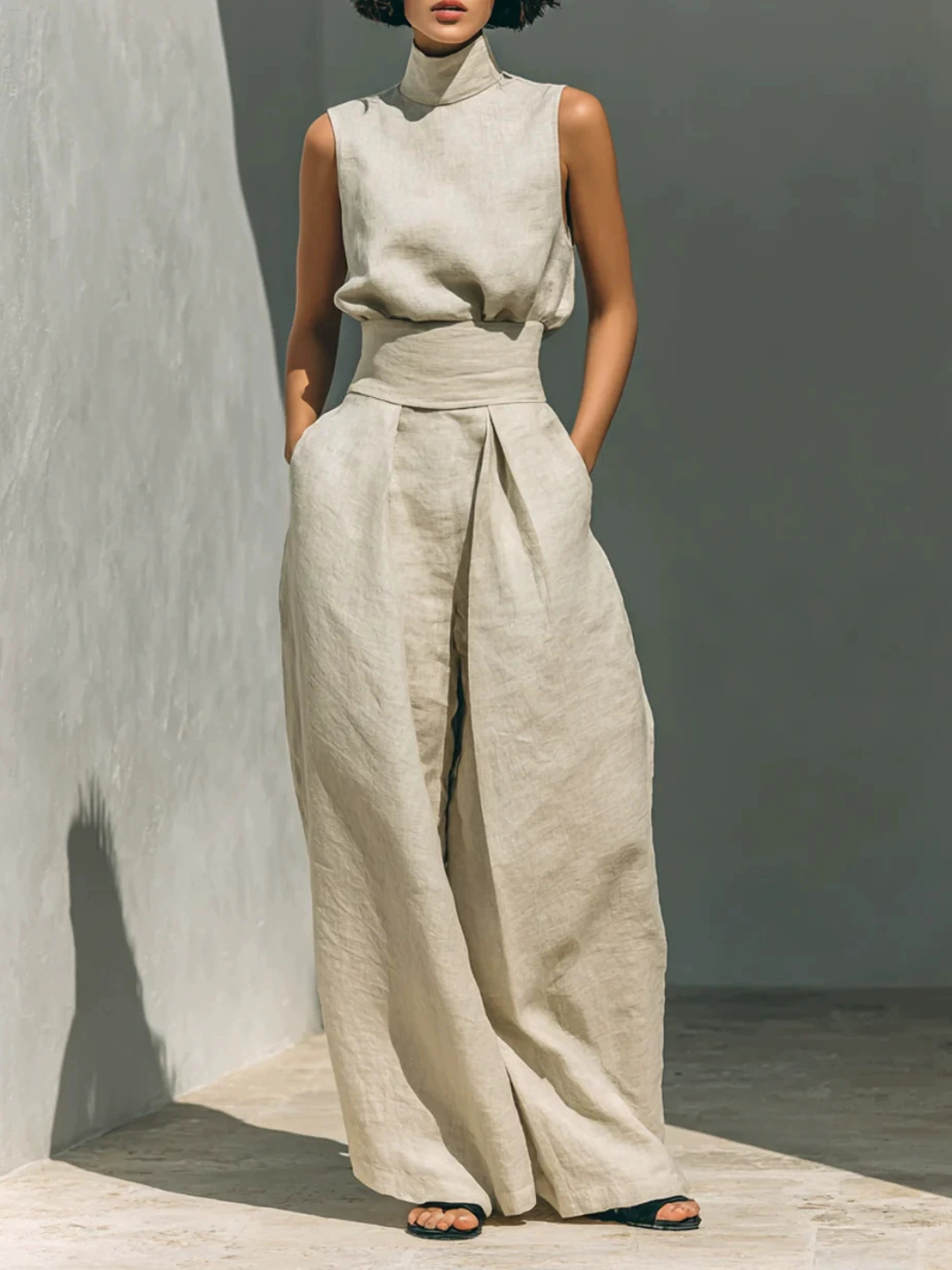 Aurora | Relaxed Beige Sleeveless Wide-Leg Co-Ord Set