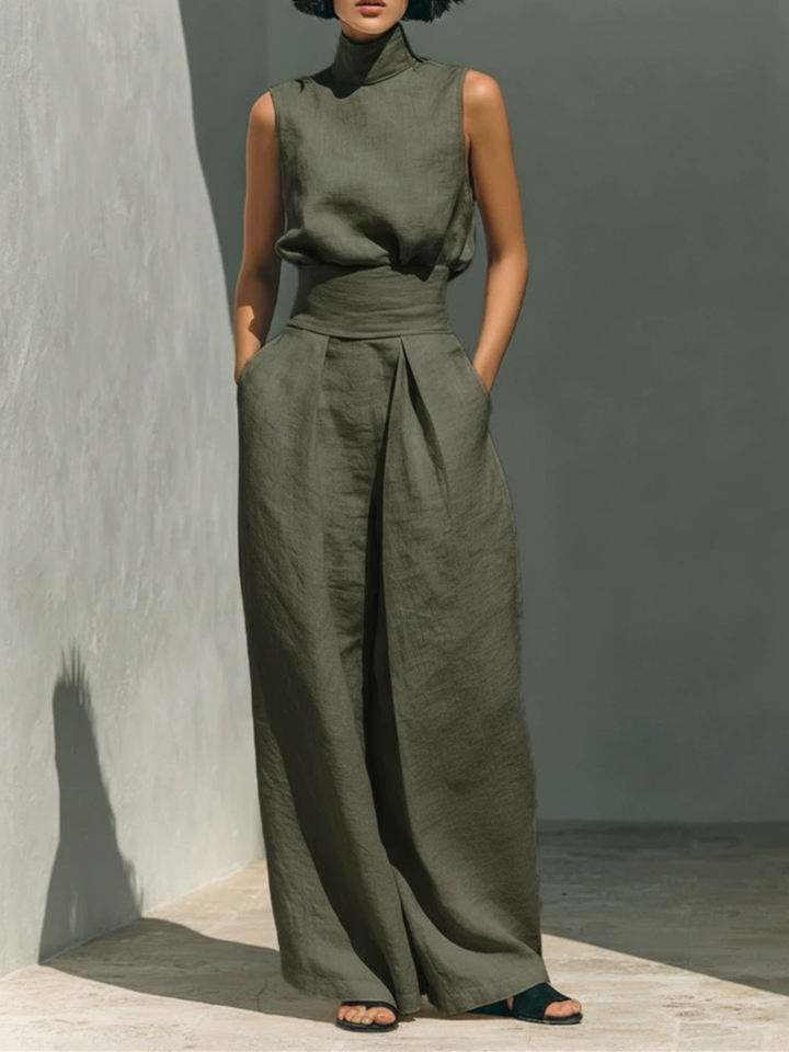 Aurora | Relaxed Beige Sleeveless Wide-Leg Co-Ord Set