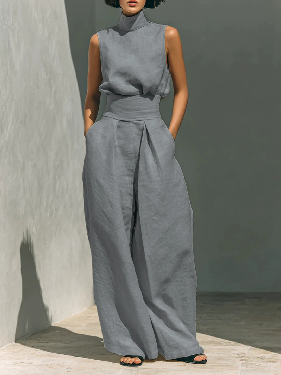 Aurora | Relaxed Beige Sleeveless Wide-Leg Co-Ord Set
