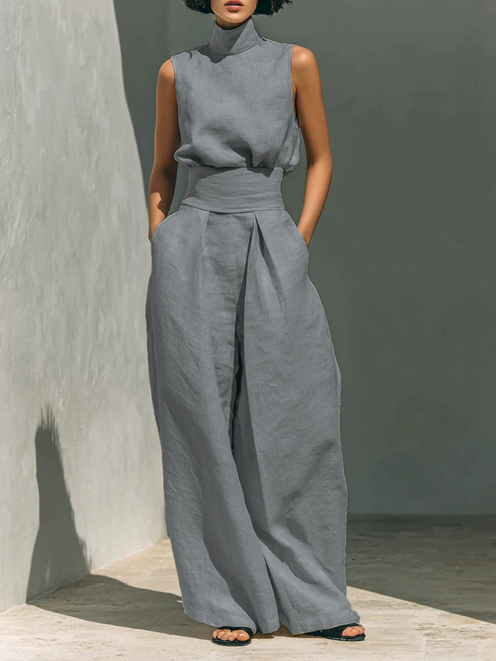 Aurora | Relaxed Beige Sleeveless Wide-Leg Co-Ord Set