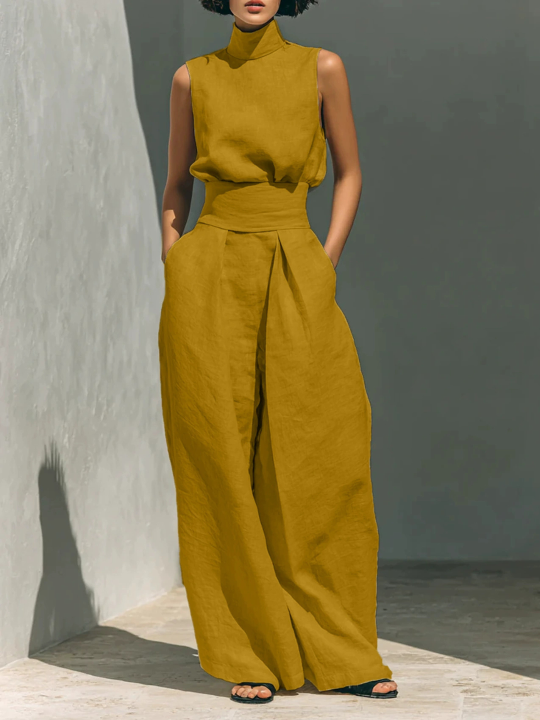 Aurora | Relaxed Beige Sleeveless Wide-Leg Co-Ord Set