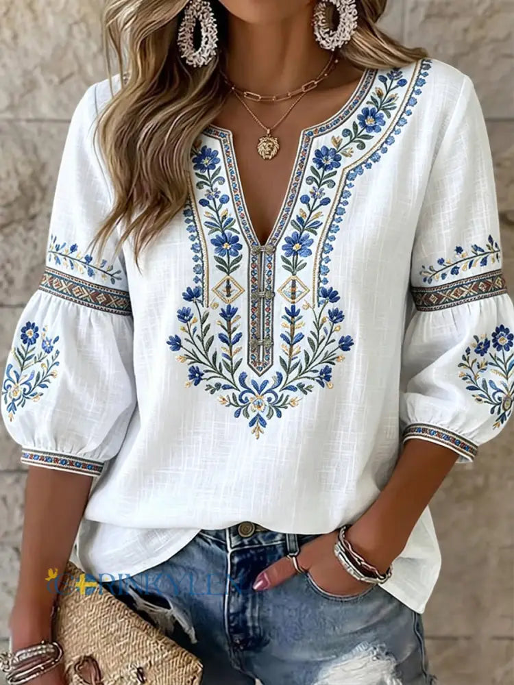 Liana | Vintage Midsummer Floral V-Neck Top